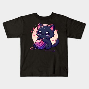 Cat and knitting kawaii cat with yarn ball Kids T-Shirt